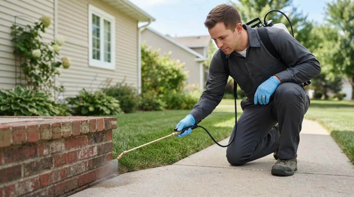 Pest control technician treating a home near Trail, MN